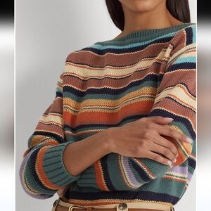 Lauren Ralph Lauren Womens Striped Cotton-Linen Boat neck Sweater. Multi color
